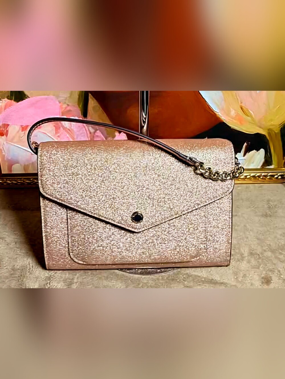 Kate Spade Tinsel Flap Crossbody Bag Rose Gold Glitter ✨ Excellent Condition!